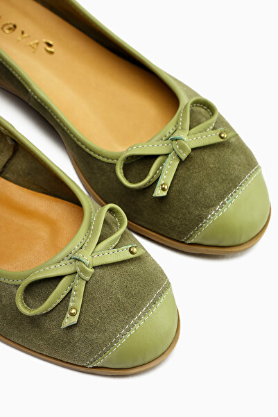 Limoya Genuine Leather Alfreda Khaki Suede Leather Detailed Bow Women's Ballerinas