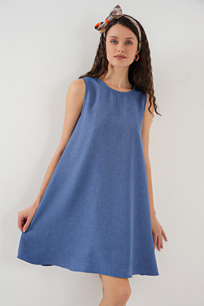 Bigdart 2444 Detaylı Mini Keten Elbise - Mavi