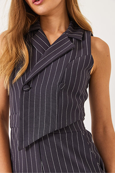 Bianco Lucci Women's Thin Striped Double Breasted Collar Lycra Jumpsuit 90018 60271031