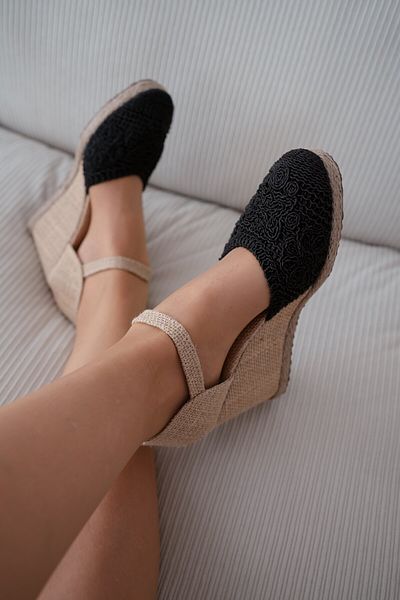 selinshoes Peery Straw Detailed Ankle Strap Wedge Heel Women's Shoes - Black