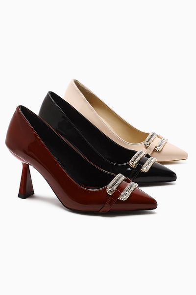 Limoya Дамски обувки Ania Black Laced с остър връх и катарама от камък, детайлни на ток