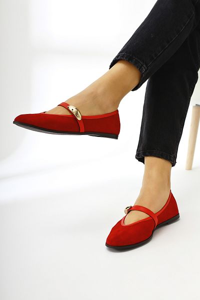 Limoya Genuine Leather Aliana Red Suede Women's Ballerinas with Buckle Detail