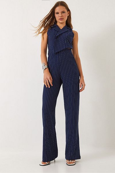 Bianco Lucci Dámský proužkovaný dvouřadý límec Lycra Jumpsuit 90018 60271031