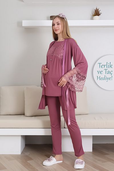 ERDENİZ TEKSTİL Breastfeeding Buttoned Maternity Pajama Set + Maternity Dressing Gown + Slippers and Crown Gift
