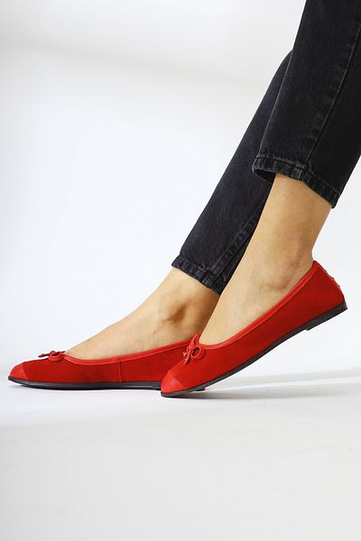 Limoya Genuine Leather Alfreda Red Suede Leather Detailed Bow Women's Ballerinas