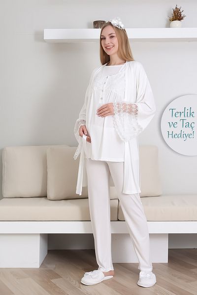 ERDENİZ TEKSTİL Breastfeeding Buttoned Maternity Pajama Set + Maternity Dressing Gown + Slippers and Crown Gift