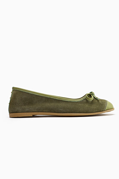 Limoya Genuine Leather Alfreda Khaki Suede Leather Detailed Bow Women's Ballerinas