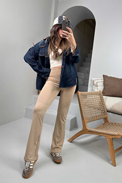 Sohotique By P Silikon Baskı Detay Flare Tayt Pantolon Bej