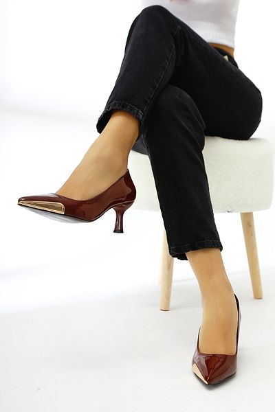 Limoya Carlota Burgundy Patent Leather Pointed Toe Metal Detailed Heeled Women's Shoes