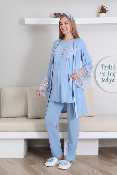 ERDENİZ TEKSTİL Set pijamale de maternitate cu nasturi pentru alăptare + halat de maternitate + papuci și cadou coroană