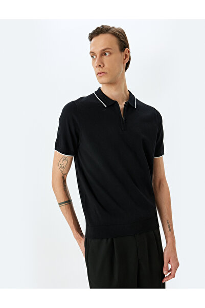 Koton Βαμβακερό κοντομάνικο πλεκτό μπλουζάκι με μισό φερμουάρ και λεπτομέρεια γιακά