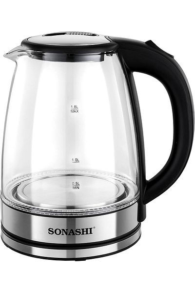sonashi غلاية زجاجية لاسلكية سعة 1.8 لتر SKT-1809 – غطاء قفل أمان، قاعدة دوارة 360 درجة، إيقاف تشغيل تلقائي