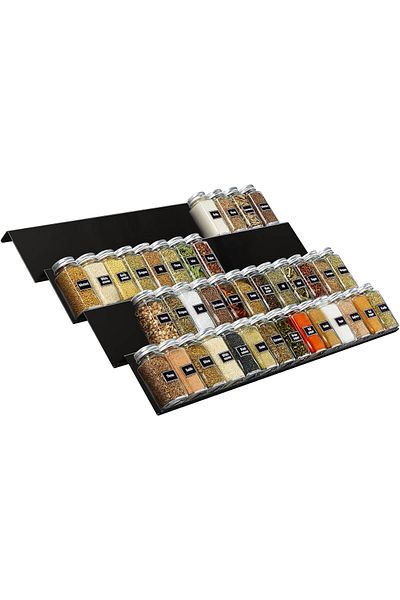 COOYA Spice Drawer Organiser,Adjustable Seasoning Jars Storage Tray 4 Tiers, Set of 8, Black