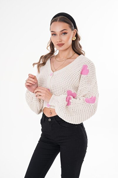 ŞİMAL Kadın Kalp Desenli Düğme Kapamalı Triko Örme Hırka 255233 -