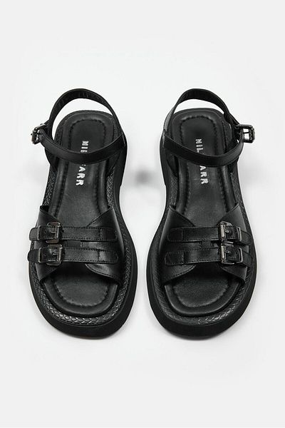 NILUFARR Leny Black Genuine Leather Women's Sandals