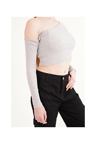 Cotton Mood 23254281 Ribbed Knit One-Shoulder Long Sleeve Blouse Gray