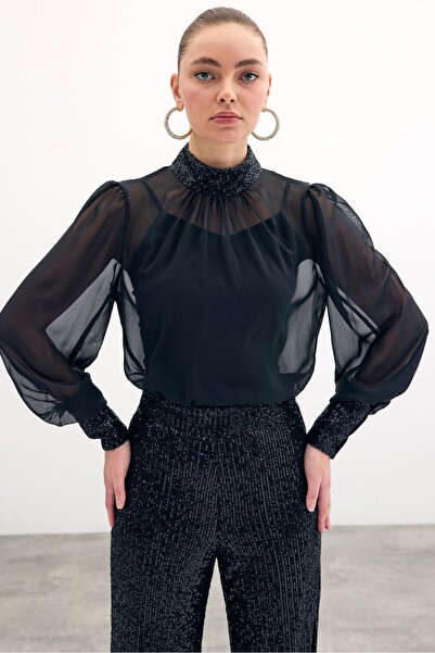 Sateen Payet Detaylı Bluz - Siyah