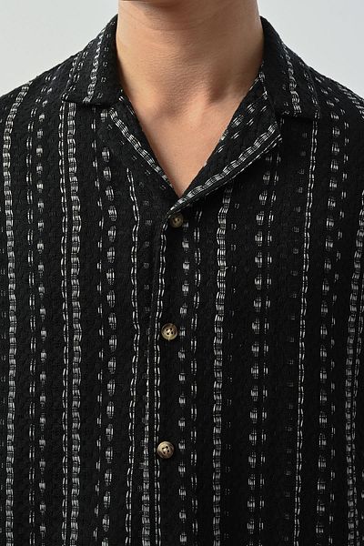 Valiberta Bohemian Striped Knitted Fabric Men's Shirt - Black