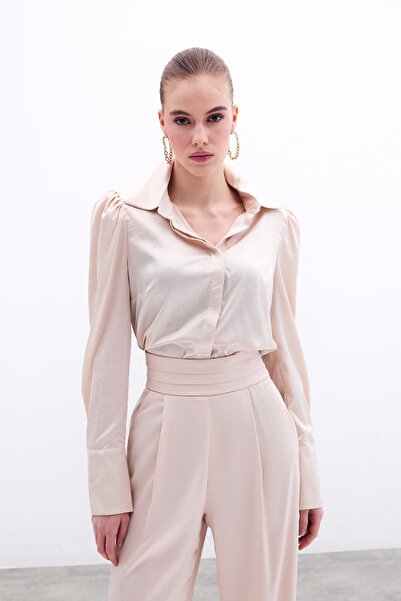 Sateen Padded Patterned Satin Shirt - Stone