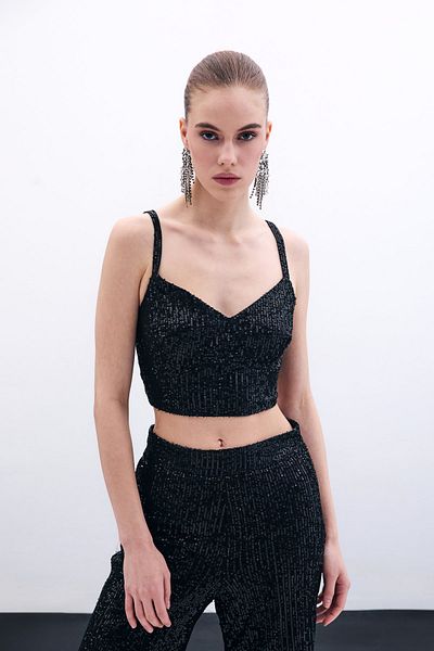 Sateen Crop cu paiete cu bretele groase - negru