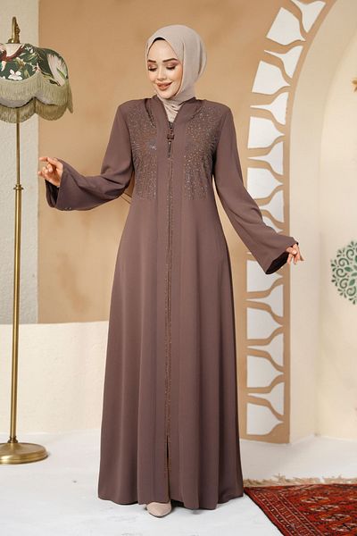 Neva Style Dark Mink Hijab Abaya with Bead Detail 17007Kv