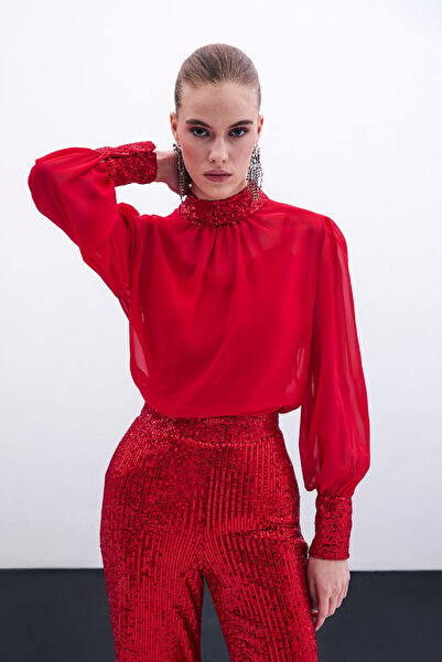 Sateen Payet Detaylı Bluz - Kırmızı