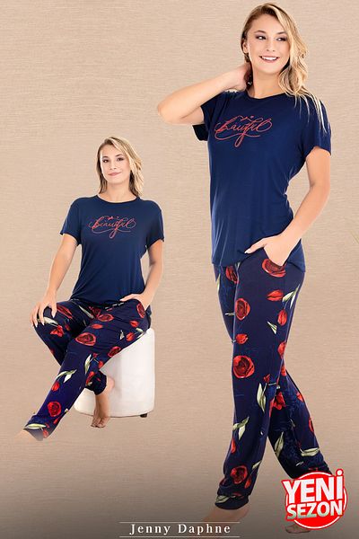 Jenny Daphne Σετ πιτζάμες με φλοράλ μοτίβο Navy Blue με κοντό μανίκι και μακριά