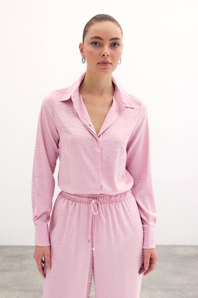 Sateen Patterned Plain Classic Shirt - Powder