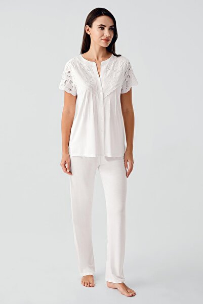 Artış Voile Detailed Buttoned Short Sleeve Stretchy Viscose Maternity Pajama Set