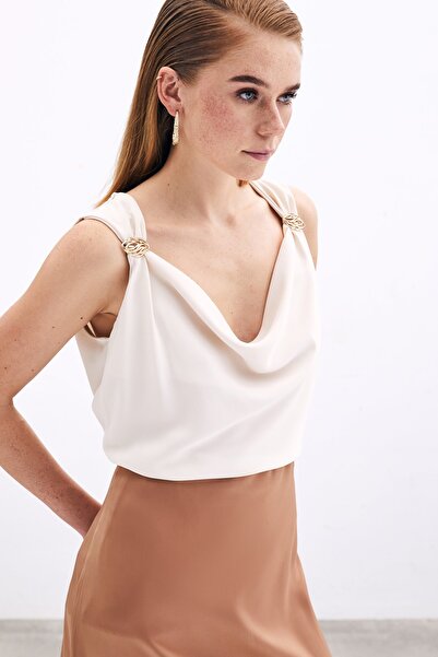 Sateen Degaje Yaka Bluz - Bej