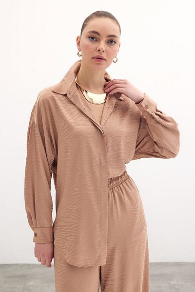 Sateen Cămașă casual cu model zebră Motiv pisică - Camel