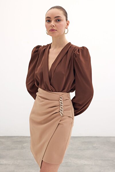 Sateen Zincir Detaylı Etek - Camel