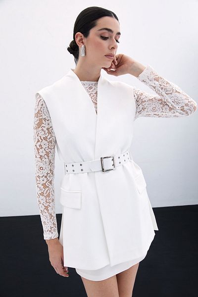 Sateen Ecru Belted Long Vest