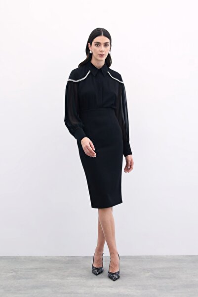 Sateen Balon Kollu Aksesuarlı Gömlek - Siyah