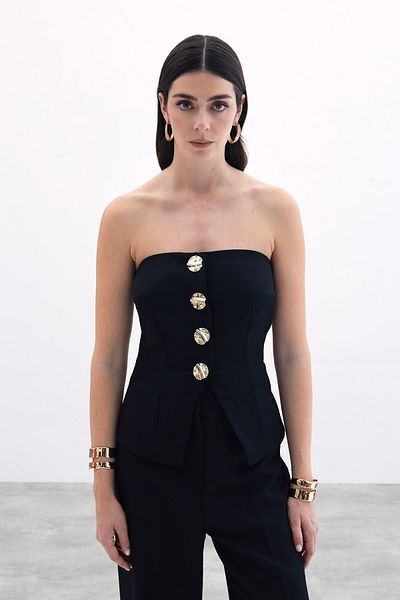 Sateen Buttoned Strapless Blouse - Black