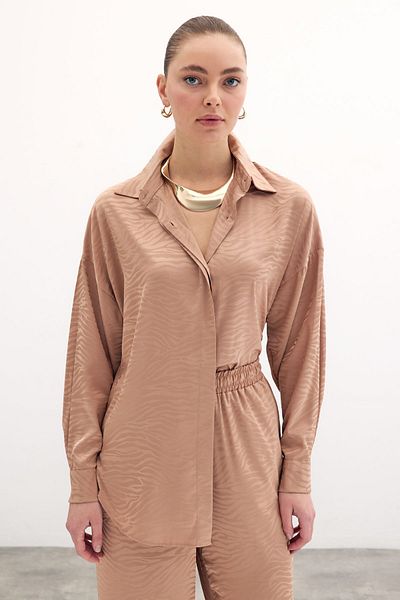 Sateen Cămașă casual cu model zebră Motiv pisică - Camel