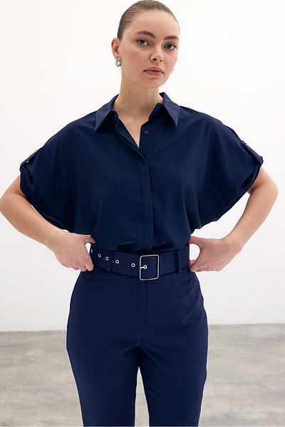 Sateen Navy Blue Sleeve Casual Shirt with Detailed Detail