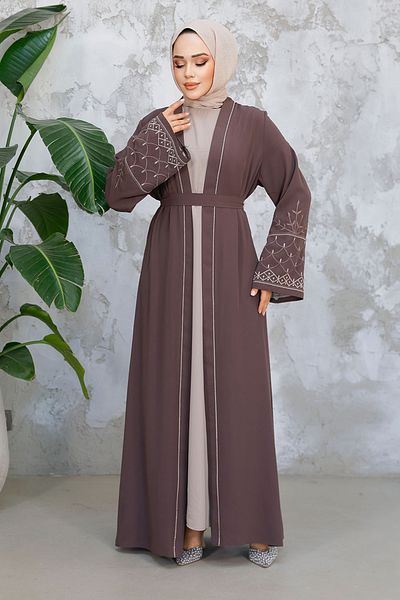 Neva Style Embroidery Patterned Brown Hijab Abaya Suit 29126Kh