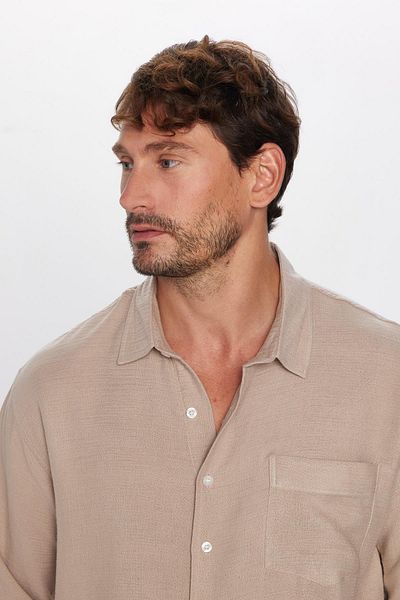 Tudors Ανδρικό πουκάμισο Relax Fit Relaxed Cut Muslin Viscose Cotton Single Pocket Plain Stone πουκάμισο