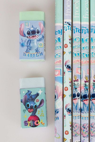 Disney Dekomus with Licensed Stitch 6 Pieces of Pencils with Eraser, 2 Pieces of Eraser and 2 Pieces of Sharpener Set
