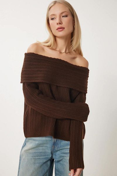 TENA Pulover de damă maro închis cu guler degradat din tricot italian