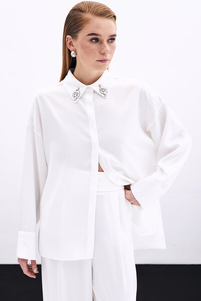 Sateen Aksesuar Detaylı Gömlek - Ekru