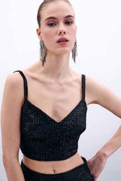 Sateen Товсті бретельки з паєтками - чорні