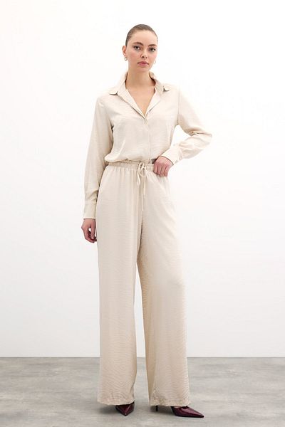 Sateen Zebra Patterned Loose Trousers - Stone