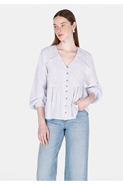 Colin's Regular Fit V-Neck Striped Women's White Long Sleeve Shirt