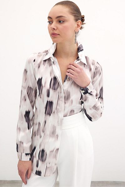 Sateen قميص سادة منقوش - بيج