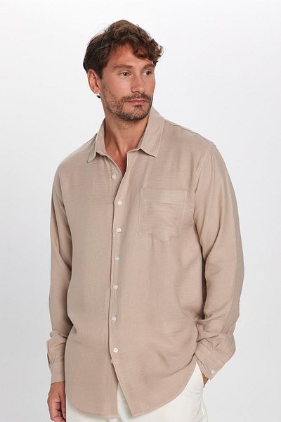 Tudors Ανδρικό πουκάμισο Relax Fit Relaxed Cut Muslin Viscose Cotton Single Pocket Plain Stone πουκάμισο