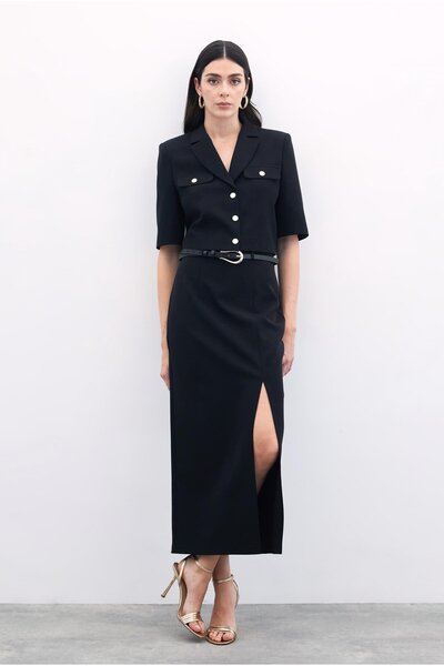 Sateen Yırtmaçlı Kemerli Uzun Etek - Siyah