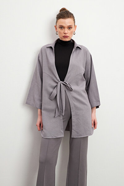 Ladima كيمونو كتان فلام بتفاصيل جلد رمادي للنساء