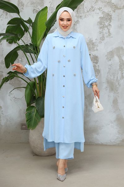 Neva Style طقم حجاب أزرق فاتح مزين بالخرز مكون من قطعتين 12082BM
